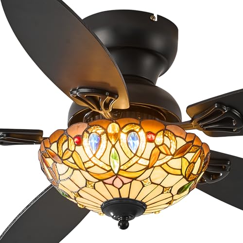 Size 48 Color Brown Tiffany Ceiling Fans with Lights - 48 Ceiling Fan Chandelier with 5 Dual-Blades and Glass Shade, 6 Speeds and Reversible, Indoor and Outdoor, Retro Style
